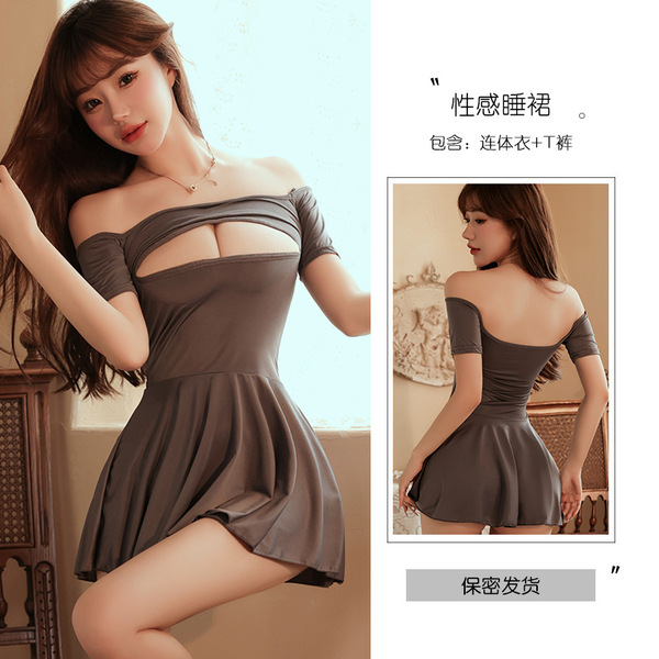 Anime-Inspired Sensual One-Shoulder Sleep Dress for Women – Elegant Busty Lingerie Nightgown, Modest Yet Alluring - grey