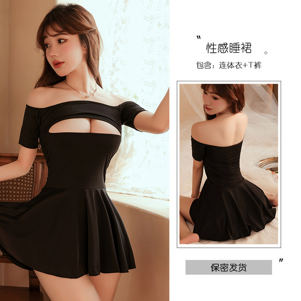 Anime-Inspired Sensual One-Shoulder Sleep Dress for Women – Elegant Busty Lingerie Nightgown, Modest Yet Alluring - black