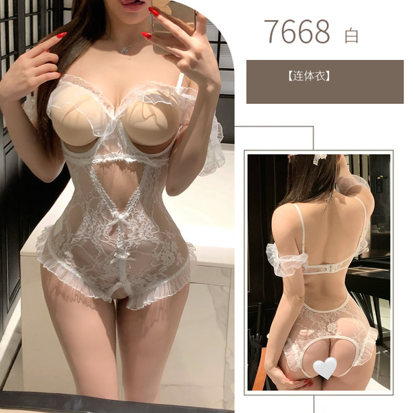 Sensual Lace Bodysuit for Women - Open-Crotch Erotic Mesh One-Piece Outfit with Sheer Cutouts - White