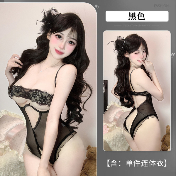 Sensual Sheer Lace Bodysuit with Open-Crotch Design - Pure Temptation Erotic Lingerie Set - black
