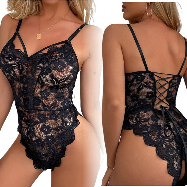 Sexy black lace bodysuit with sheer back design, open-crotch cami set for women, perfect sleepwear and erotic lingerie.