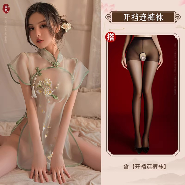 Mannyan Ancient Chinese Style Lingerie - Embroidered Modest Qipao Sleepwear for Women, Elegant Erotic Nightdress - Green [cheongsam + T-shirt] + 7001 black stockings