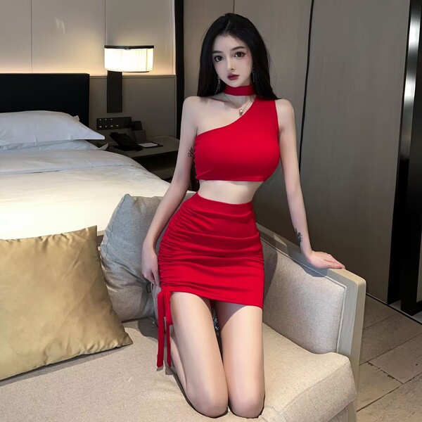 Sexy Nightclub Queen Outfit - Off-Shoulder Top & Drawstring Pencil Skirt Set for Bold Women - red