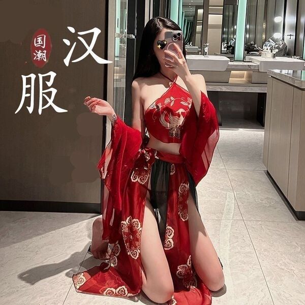 Seductive Hanfu Lingerie Set - Sexy Qipao Costume for Women, Bedroom Temptation Outfit, Ethereal Fantasy Nightwear - Red Set