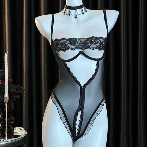 Plus Size Lace Bodysuit for Small Bust - Wire-Free Push-Up Open-Crotch Sleepwear Robe, Sexy Bedroom Lingerie - black jumpsuit