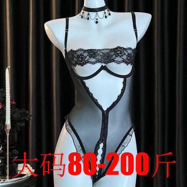 Black lace bodysuit with push-up cups, open-crotch design, and sheer panels—sexy plus-size lingerie for small busts.