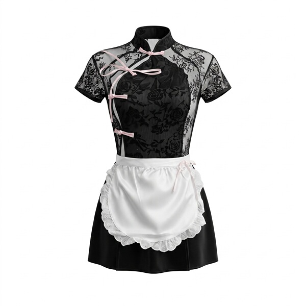 Vintage chinese-inspired sexy sleepwear set featuring a tight-fitting cheongsam nightgown with lace detailing and high slit, ...