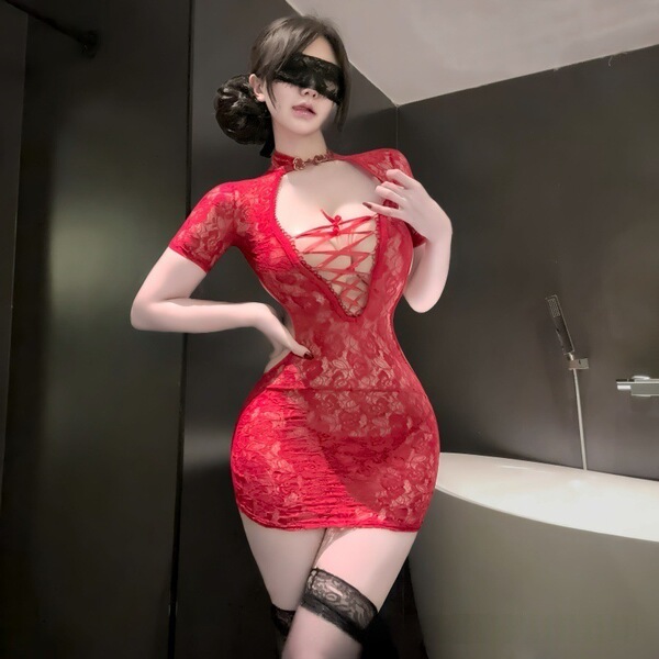 Red lace lingerie set featuring a midnight silk-fit uniform style with removable design, perfect for small busts.