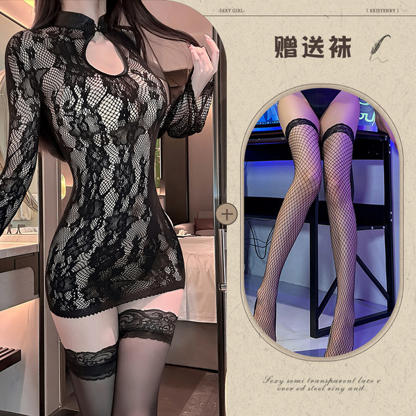 Manyeqing New Chinese Style Lace Mesh Cheongsam Lingerie Set - Sexy Sheer Cut-Out Bodysuit for Women - Black + Black Fishnet Stockings