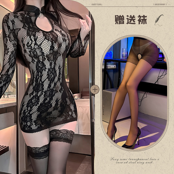 Manyeqing New Chinese Style Lace Mesh Cheongsam Lingerie Set - Sexy Sheer Cut-Out Bodysuit for Women - Black + Black Open Crotch Socks