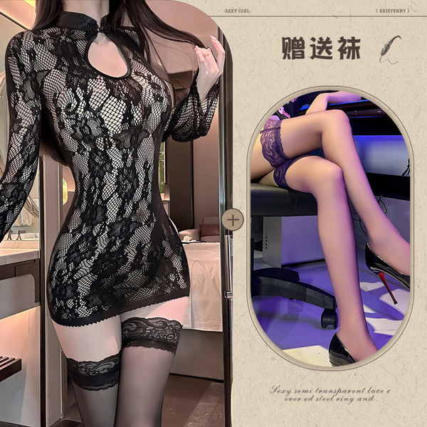 Manyeqing New Chinese Style Lace Mesh Cheongsam Lingerie Set - Sexy Sheer Cut-Out Bodysuit for Women - Black + black stockings