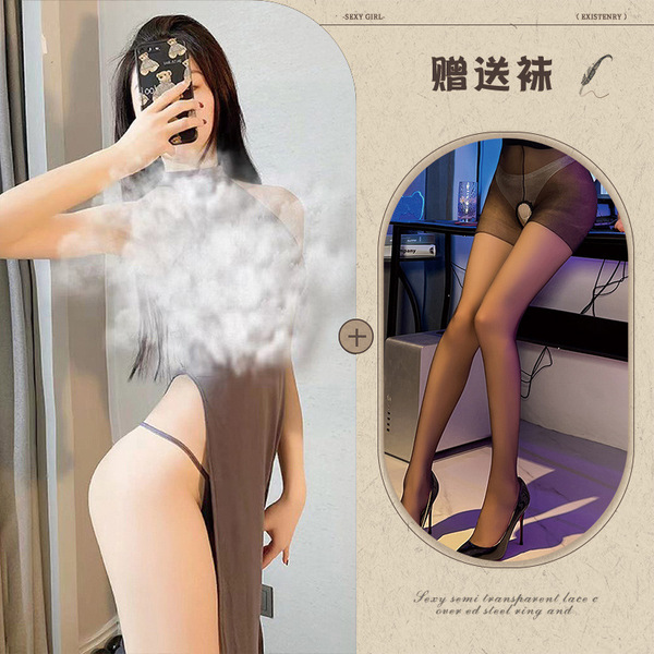 Qingran Sexy High-Slit Long Dress Robe - Backless Chinese-Inspired Lingerie Sleepwear for Role Play & Date Night - Grey +092 Open Crotch Socks Black