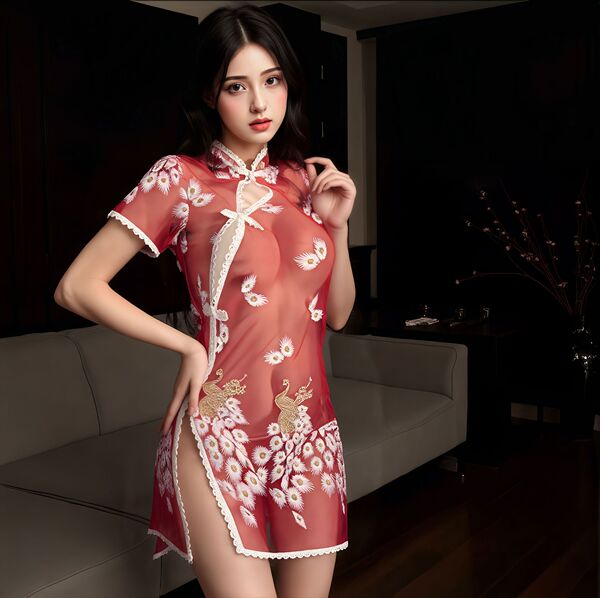 Qingran Embroidered Lingerie Set - Vintage Chinese Qipao Style Sheer Sexy Sleepwear Ensemble - Red and black open-crotch socks
