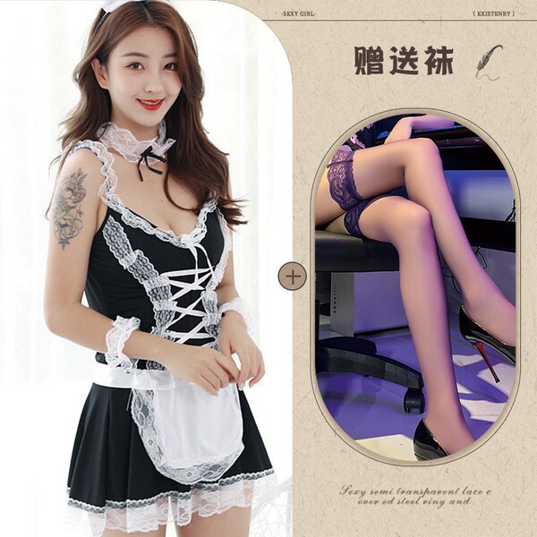 Plus Size Maid Costume Set - Sexy Lingerie Sleepwear Outfit for Women, Spring Temptation Ensemble - 392+ stockings