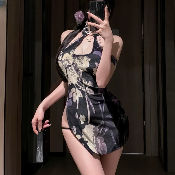 Seductive lace cheongsam lingerie featuring high-slit backless halter design, perfect for pure temptation.