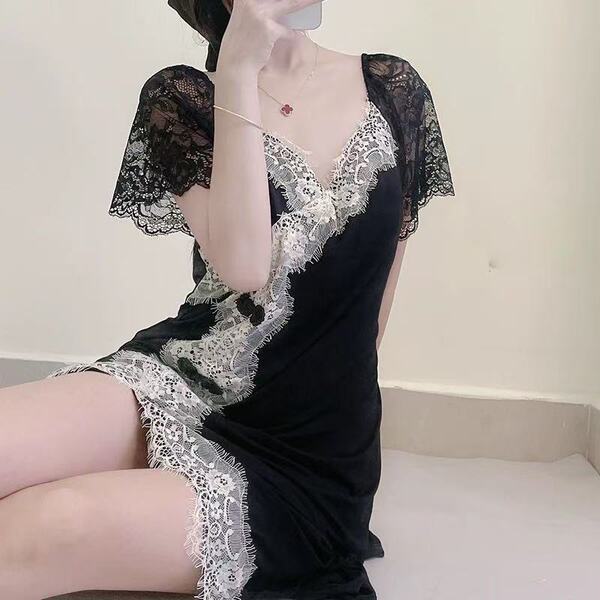 Cherry Romance Lingerie Set - No-Remove Pure Temptation Sheer Sleep Dress, Chinese Chic Bedroom Wear - black