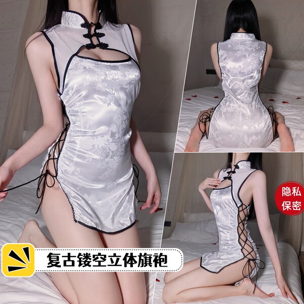 Vintage Sexy Qipao Lingerie Set - Sheer Bodycon Cheongsam Costume with Side-Tie Straps for Women - White + white stockings