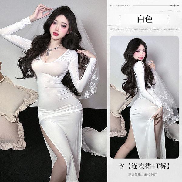 Sexy High-Waist Split Sheer Cheongsam Lingerie for Women – Elegant Nightclub & Boudoir Outfit, No-Remove Design - White
