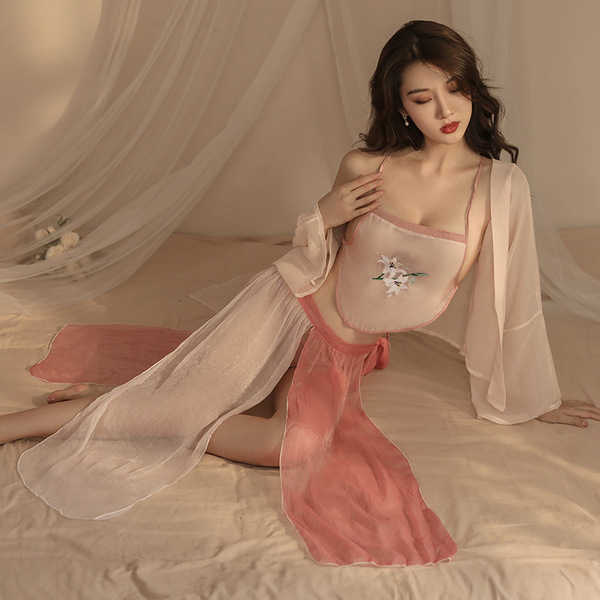 Chinese Traditional Doudou Lingerie - Sheer Chiffon Vintage Seductive Sleepwear Set, No-Remove Costume - dusty rose four-piece set + white fishnet stockings