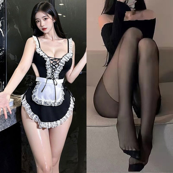 Pure & Seductive Maid Costume - Lace Sexy Role Play Sleep Dress with Detachable Apron & Headband - Sweet and alluring cute maid set (4 pieces) + black open-crotch stockings