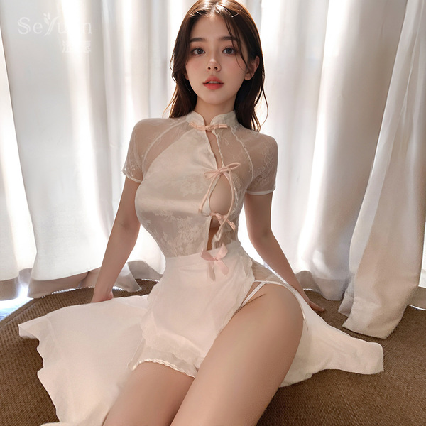 Chinese-Style Chef Role Play Lingerie Set - Vintage Qipao Robe, Seductive Open-Front Pure-Temptation Outfit - White (lace cheongsam + apron + thong)