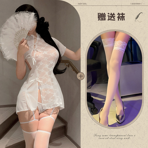 Qingran New Chinese Style Cheongsam Dress - Lace Asymmetrical Wrap Vintage Sheer Sleep Gown with Side Slit - White + white stockings