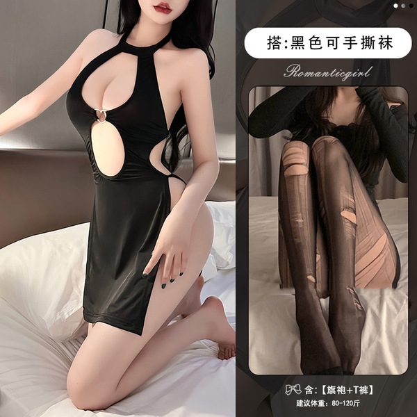 Sexy Lace Cheongsam Lingerie Set - Seductive Sheer Cut-Out Mother-Step Dress with Nursing Access, Elegant & Playful - Sexy black + black ripped stockings