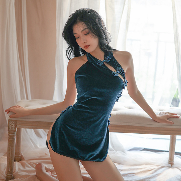 Vintage-Style Sexy Backless Lingerie Set – Seductive Split Qipao Bra & Panty with Cross-Tie Detail - blue