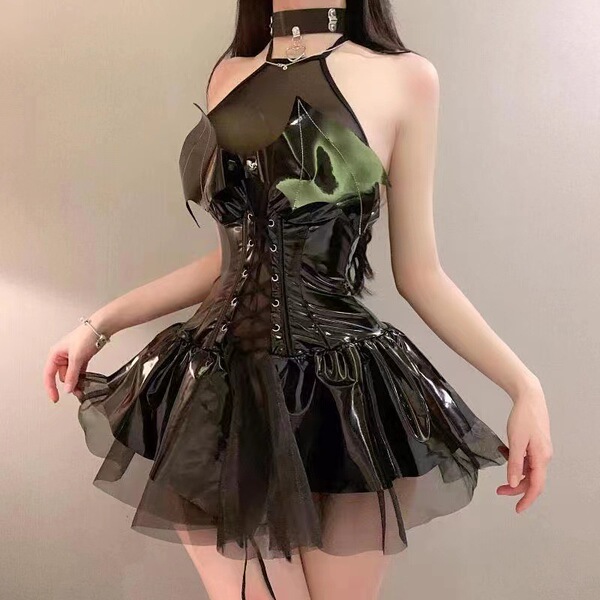 Mirror PU Lace-Up Halter Batwing Mini Skirt - Cosplay Devil Costume for Women - 4076 Black, High Quality (Includes Neck Ring)