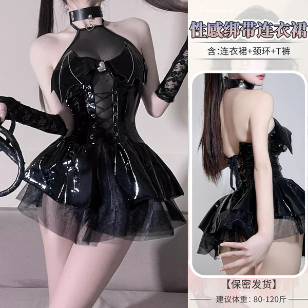 Genuine PU Leather Devil Costume Set - Seductive Role Play Lingerie Outfit for Women - 4076 Black Little Devil [Dress + Necklace + T-shirt]