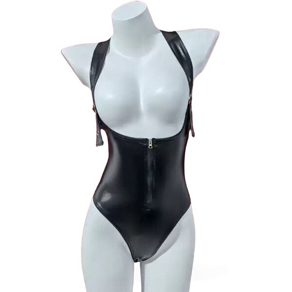 Sexy PVC Bodysuit with Adjustable Straps - Seductive Lace-Up Cosplay Lingerie Set for Women - 4080 Matte Black [Individual Onesie Strap]