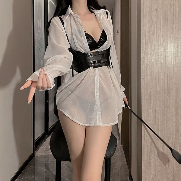 White Lace Sexy Uniform Set - Busty Babe Long Sleeve Shirt & Strap Harness Outfit for Role Play & Cosplay - 4122 set + 7659 waist belt