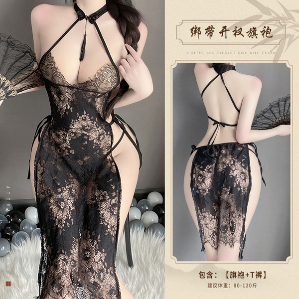 Sexy Ancient Chinese Style Lingerie Set – Sheer Lace Bodice & Slit Sleepwear for Women, Tempting Qipao-Inspired Nightwea - Black [Sheer Cheongsam Dress + T-shirt]