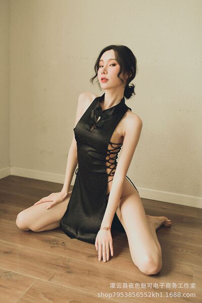 Sexy Tie-Up Split Nightclub Lingerie Set - Retro Cheongsam Style Erotic Sleepwear for Small Bust - blue