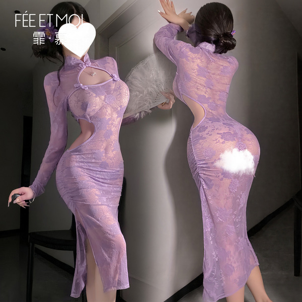 Feimu purple lace cheongsam lingerie - sheer seductive pure-delight erotic set, revealing chest design