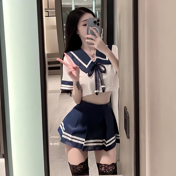 Seductive JK Uniform Lingerie Set – Hot Sailor Style Bedroom Sleepwear Outfit for Women - JK uniform [top + pleated skirt]