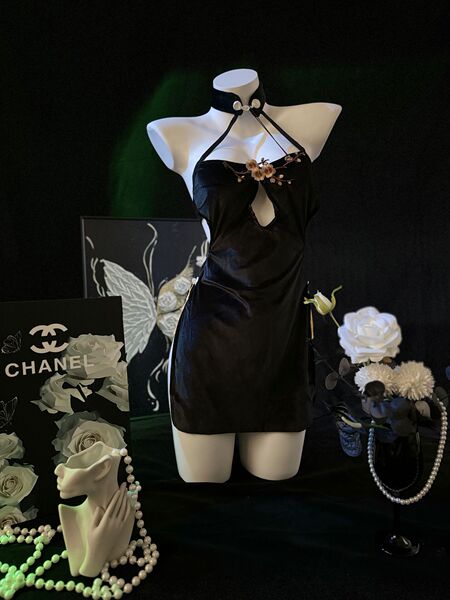 Seductive Plum Blossom Lace Corset Set - Backless High-Slit Cheongsam Roleplay Outfit for Women - Black cheongsam with 1099 crotchless black stockings