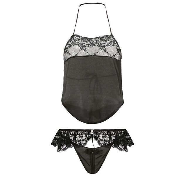 Sexy Vintage Lace Bodysuit Set - Seductive Lingerie Sleepwear with Open-Crotch & Tie-Up Design - black