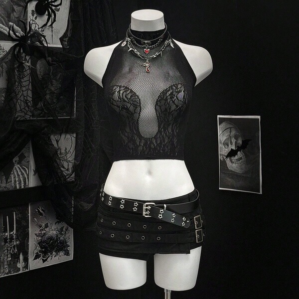 Twill Lace Seductive Bare-Butt Lingerie Top - Sexy Pure-Delight Gothic Punk Crop Vest - black