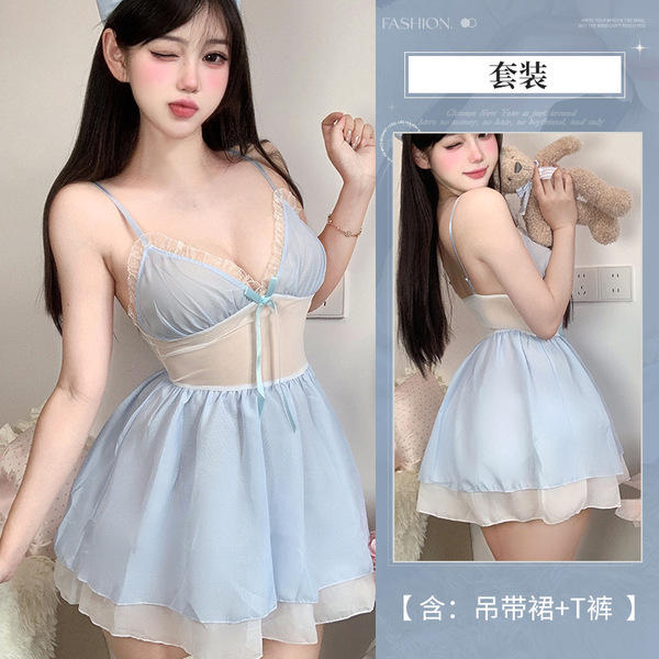Sensual Sheer Lace Slip Dress - No-Remove Tempting Sleepwear Set for Women, Pure & Alluring Nightwear - Image color