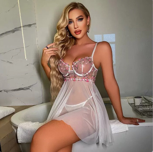 Elegant Lace Sleep Dress with Underwire Support - Sheer Mesh Sexy Nightwear for Women - pink