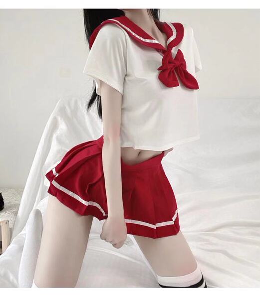 Sexy Student-Style Lingerie Set - Cute JK Uniform Short Skirt Outfit for Women - Red + school socks