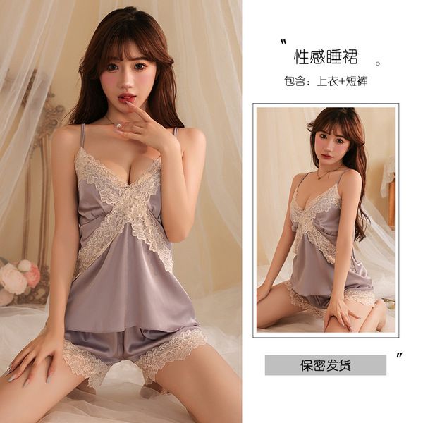 Silky Satin Sexy Lingerie Set - Summer Lace Slip Dress & Pure-Elegance Matching Underwear - Dark purple top + shorts + jacket + belt