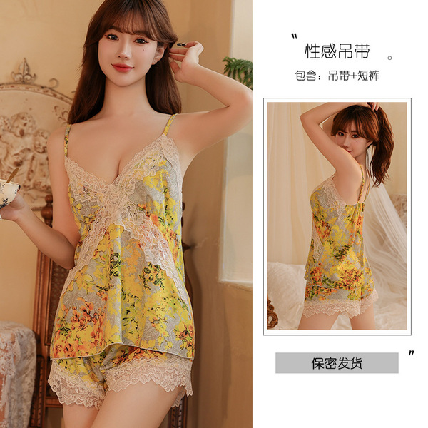 Silky Satin Sexy Lingerie Set - Summer Lace Slip Dress & Pure-Elegance Matching Underwear - Yellow tank top and shorts