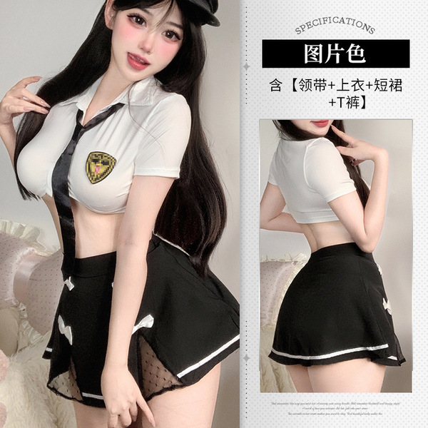 Sexy Police Uniform Costume for Women - Pure & Tempting Bodycon Skirt Set with Waist Cutout, No-Remove Design - Image color