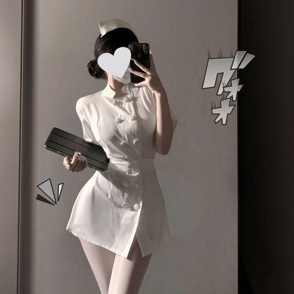 Sexy nurse costume set featuring a seductive no-remove lingerie sleepwear with a bow-tie skirt and round neck design.