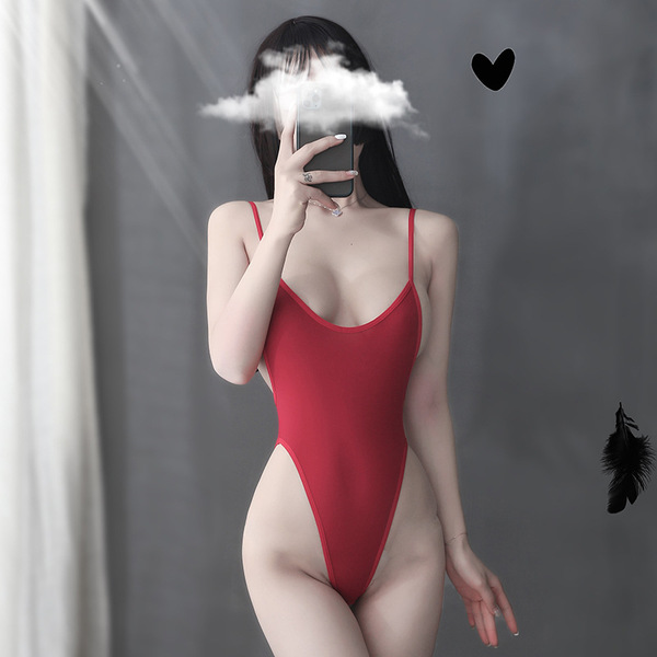 Suoqing Dead Stock One-Piece Open-Crotch Swimsuit Set - Ice Silk Transparent Sexy Lingerie Outfit - Claret
