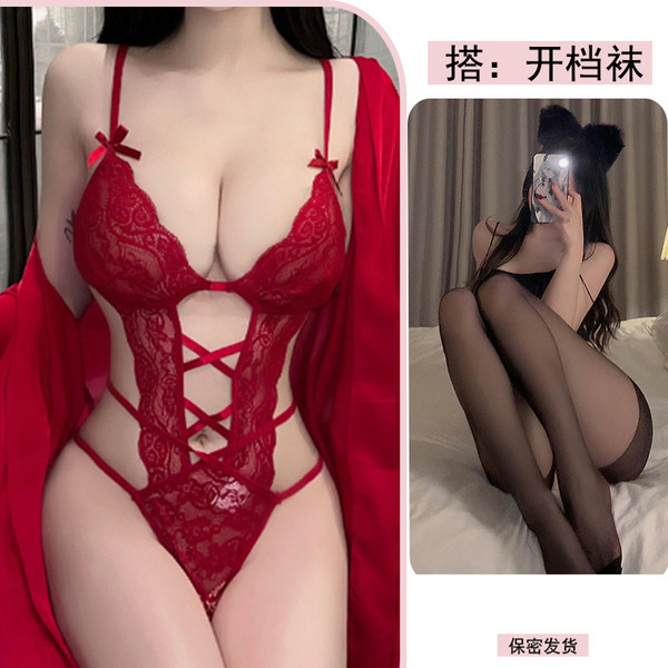 QQNY Pure Allure Sleepwear Set – Elegant Seductive Lingerie for Women, Luxury Intimate Nightwear - Red bodysuit + black open-crotch stockings