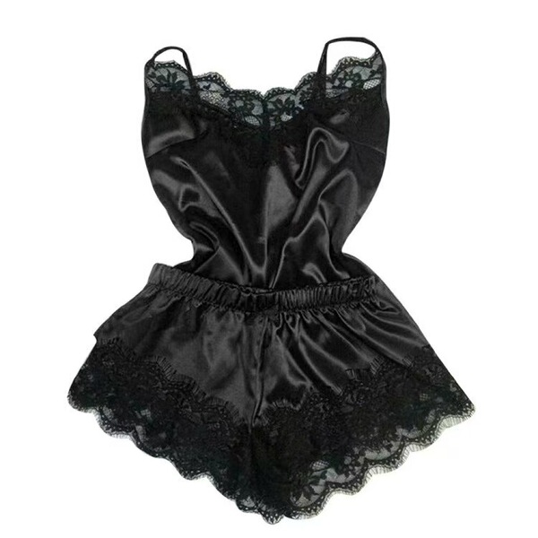 Amazon Ice Silk Women's Summer Sleepwear Set – Sexy Lace Cami & Shorts Two-Piece Outfit - black