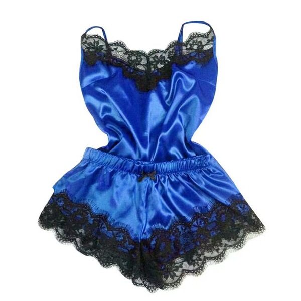 Amazon Ice Silk Women's Summer Sleepwear Set – Sexy Lace Cami & Shorts Two-Piece Outfit - blue
